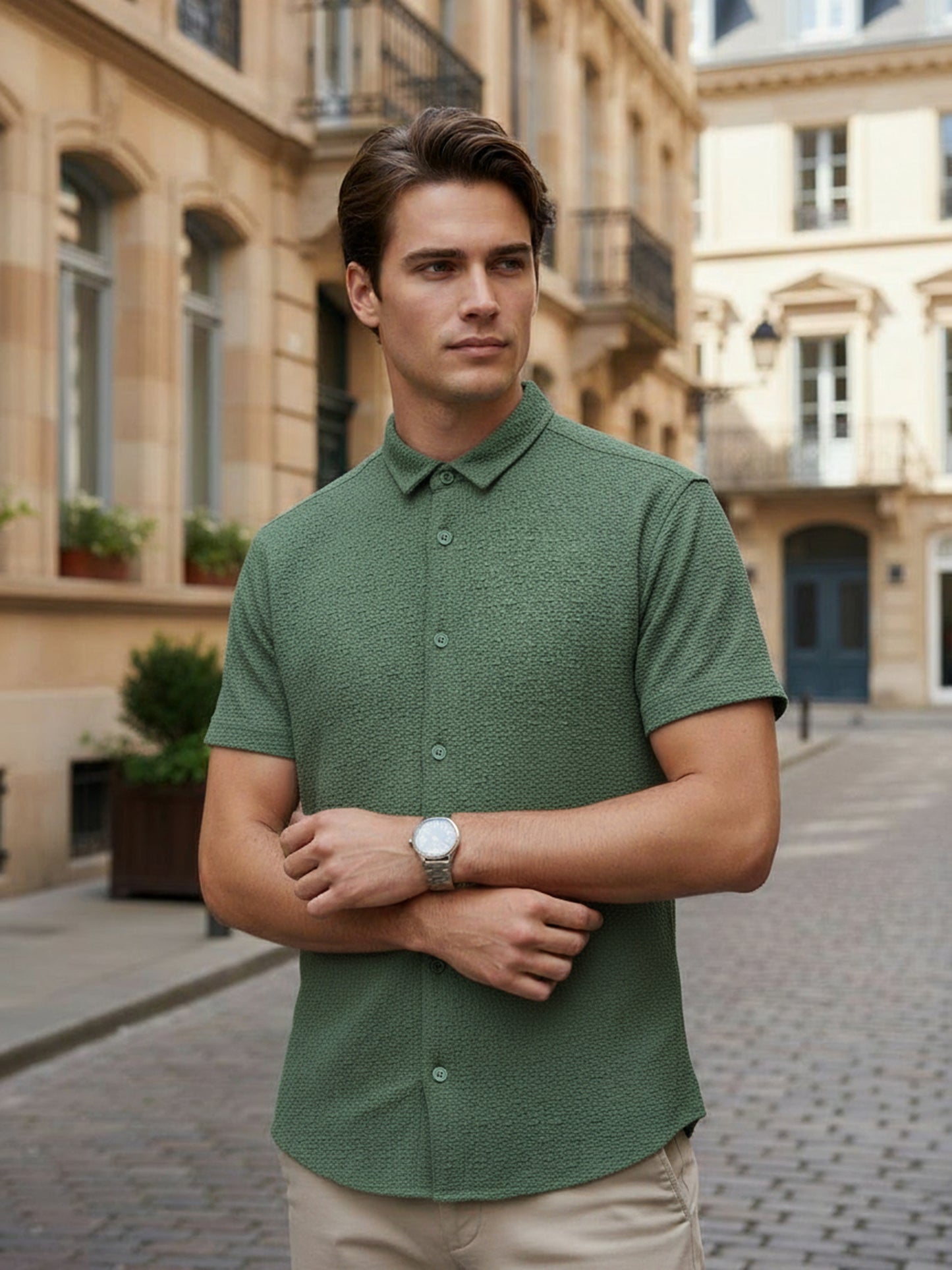 Celio* Men Olive Solid Regular Fit Polyester Shirts