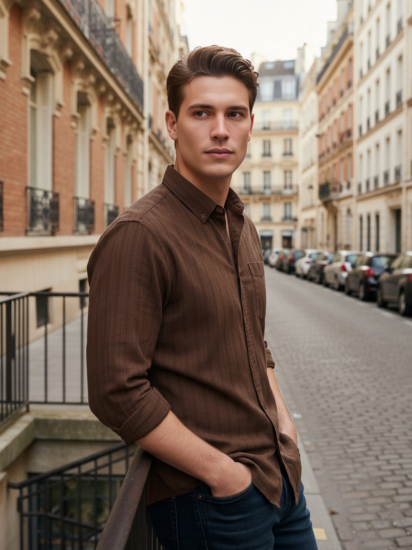 Celio Men Brown Striped Regular Fit Cotton Shirts