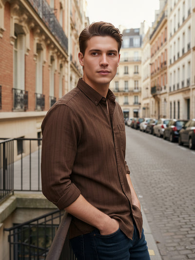 Celio* Men Brown Striped Regular Fit Cotton Shirts