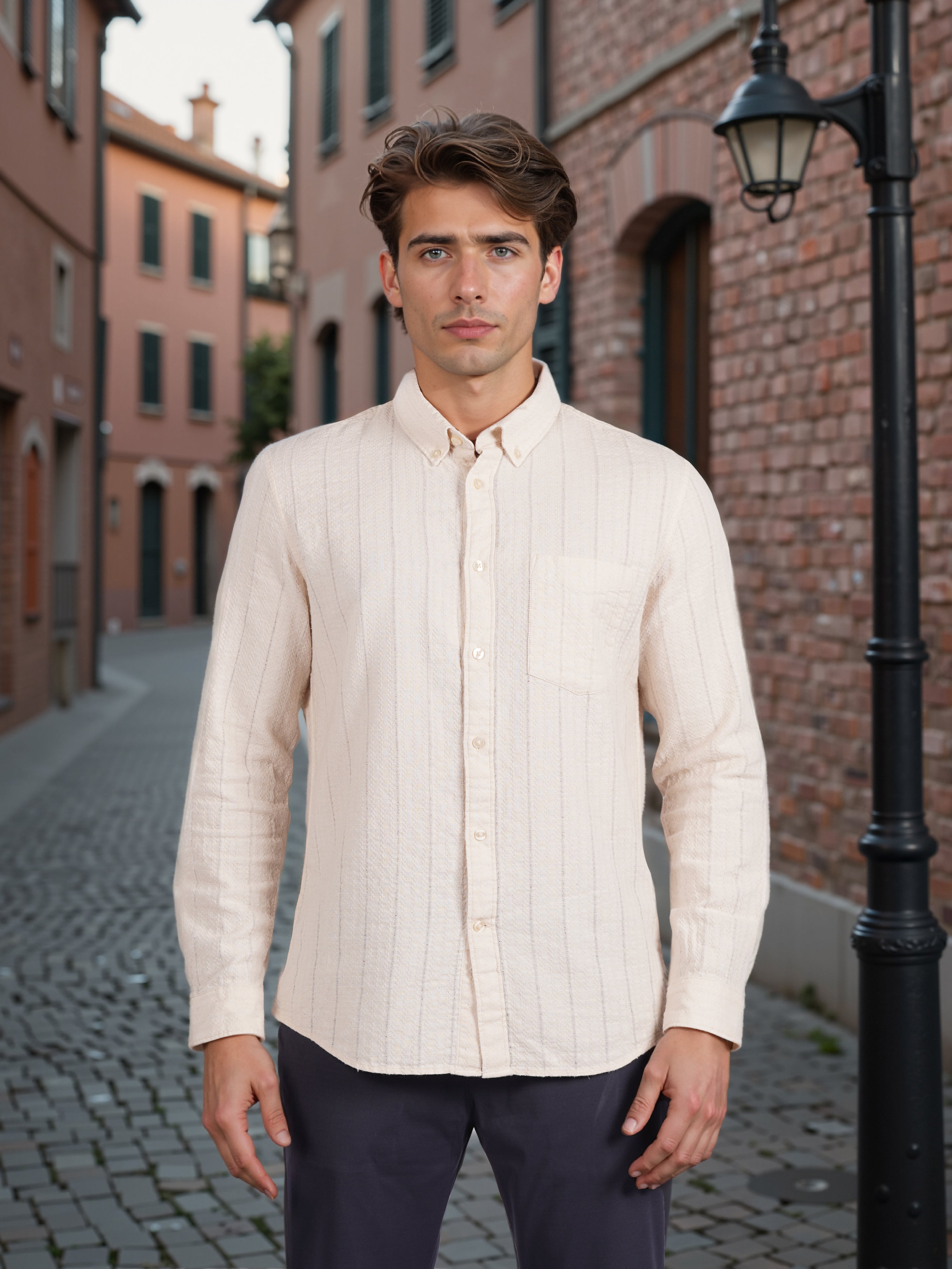 Celio* Men Beige Striped Regular Fit Cotton Shirt