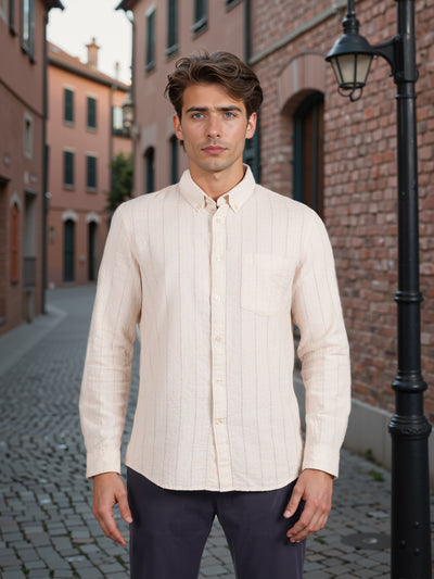 Celio* Men Beige Striped Regular Fit Cotton Shirt