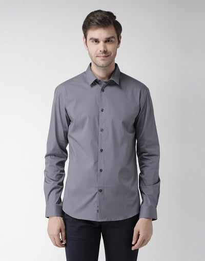 Celio Men Grey Solid Slim Fit Cotton Shirts