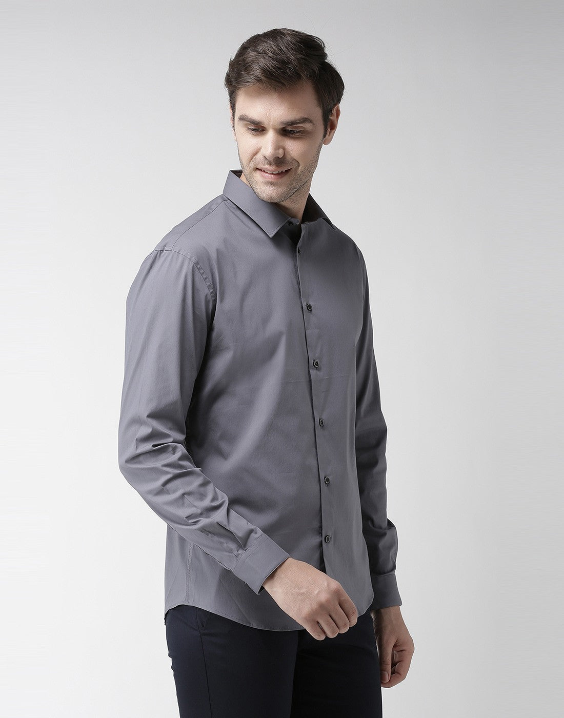 Celio Men Grey Solid Slim Fit Cotton Shirts