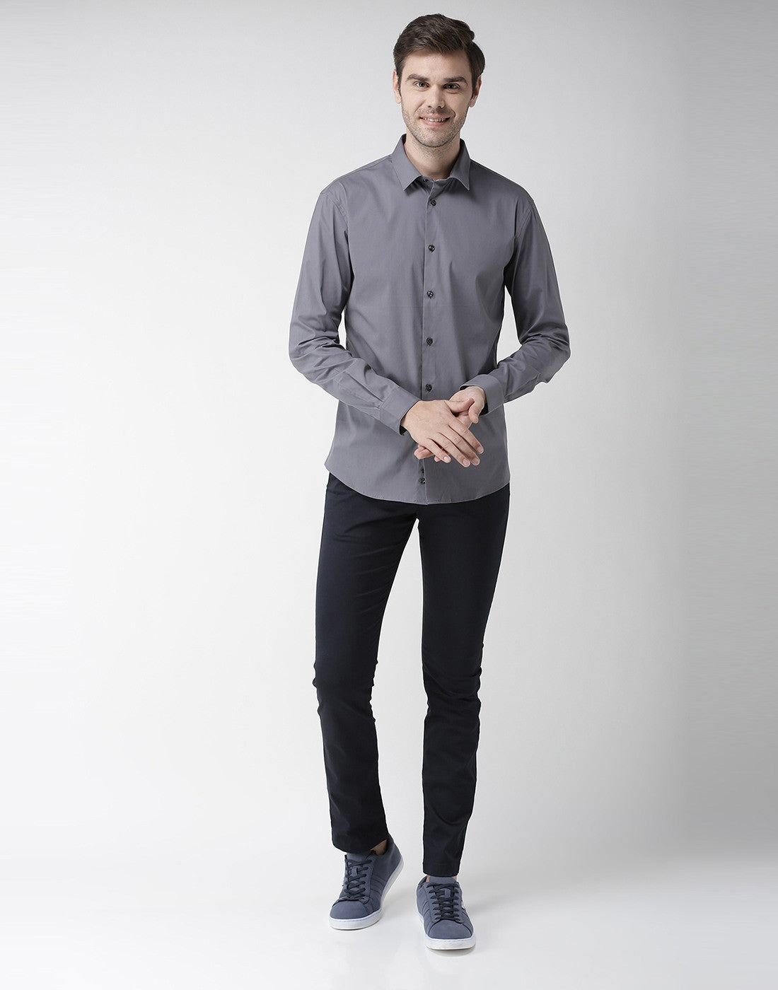 Celio Men Grey Solid Slim Fit Cotton Shirts
