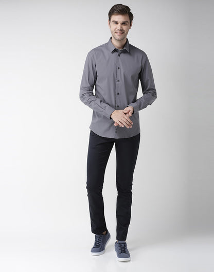 Celio Men Grey Solid Slim Fit Cotton Shirts