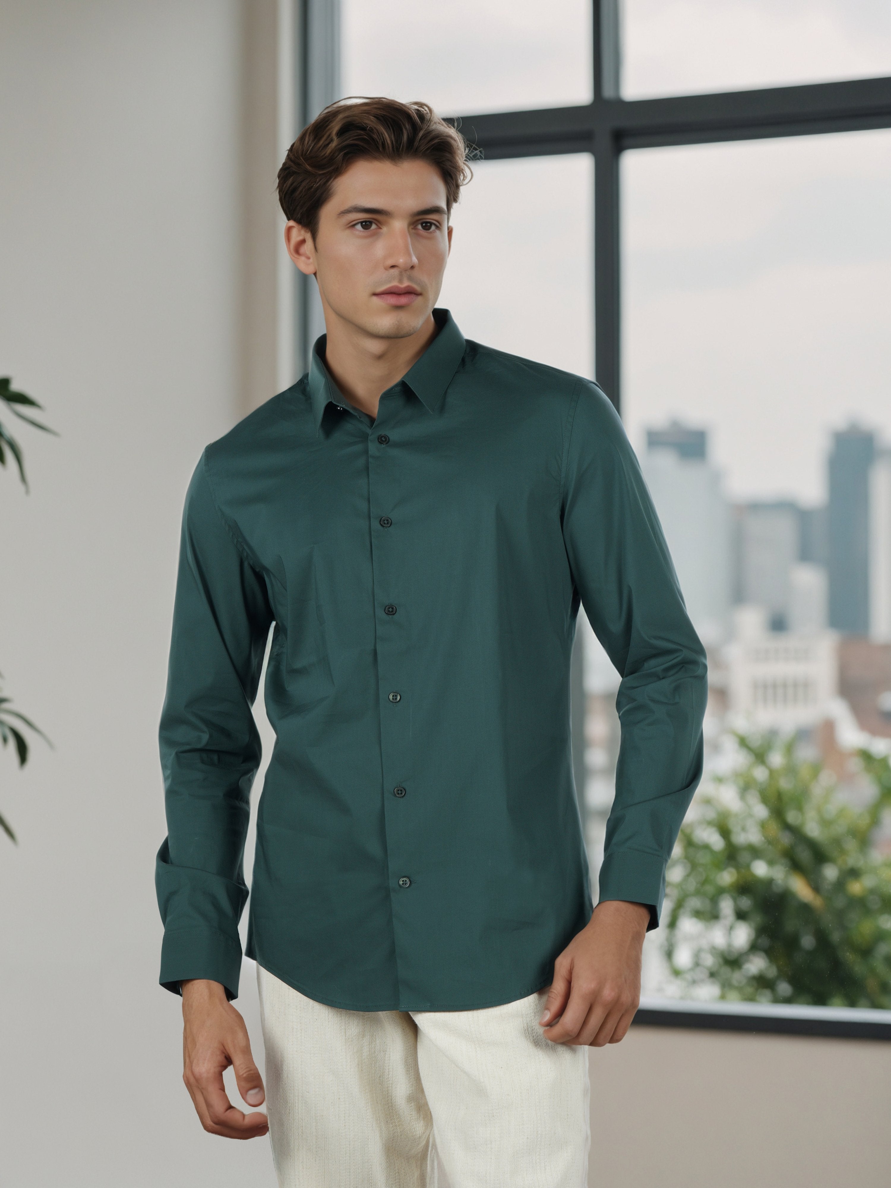 Celio* Men Green Solid Slim Fit Cotton-Blend Shirts