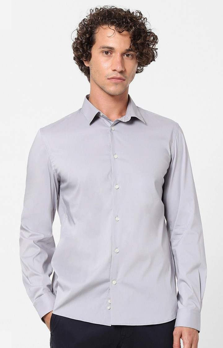 Celio Men Grey Solid Slim Fit Cotton Shirts