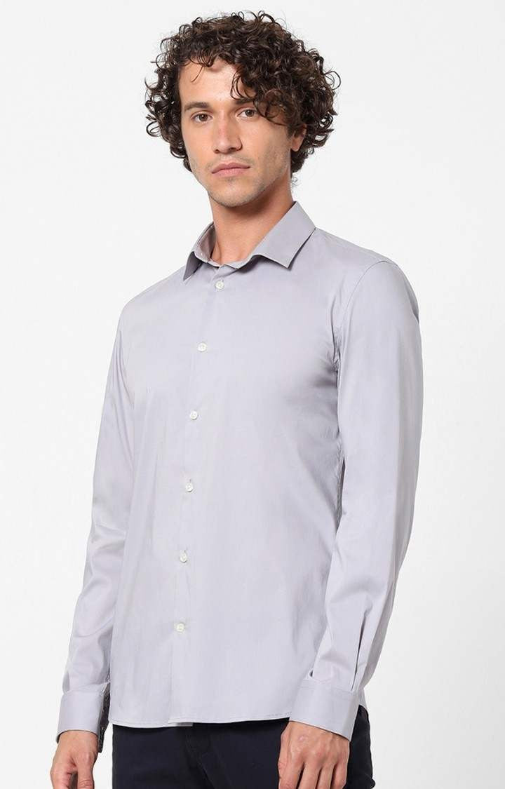 Celio Men Grey Solid Slim Fit Cotton Shirts