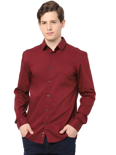 Celio Men Red Solid Slim Fit Cotton Shirts