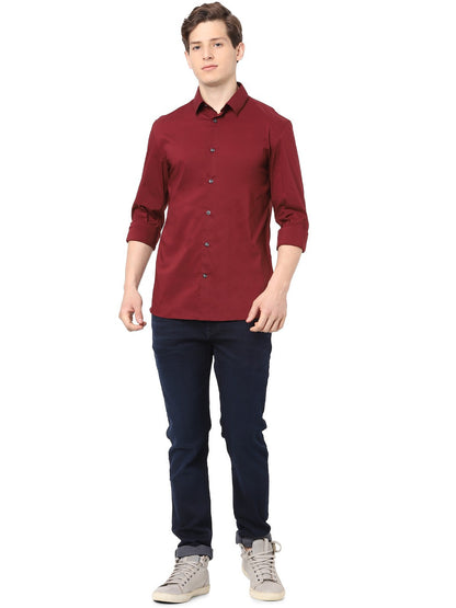 Celio Men Red Solid Slim Fit Cotton Shirts