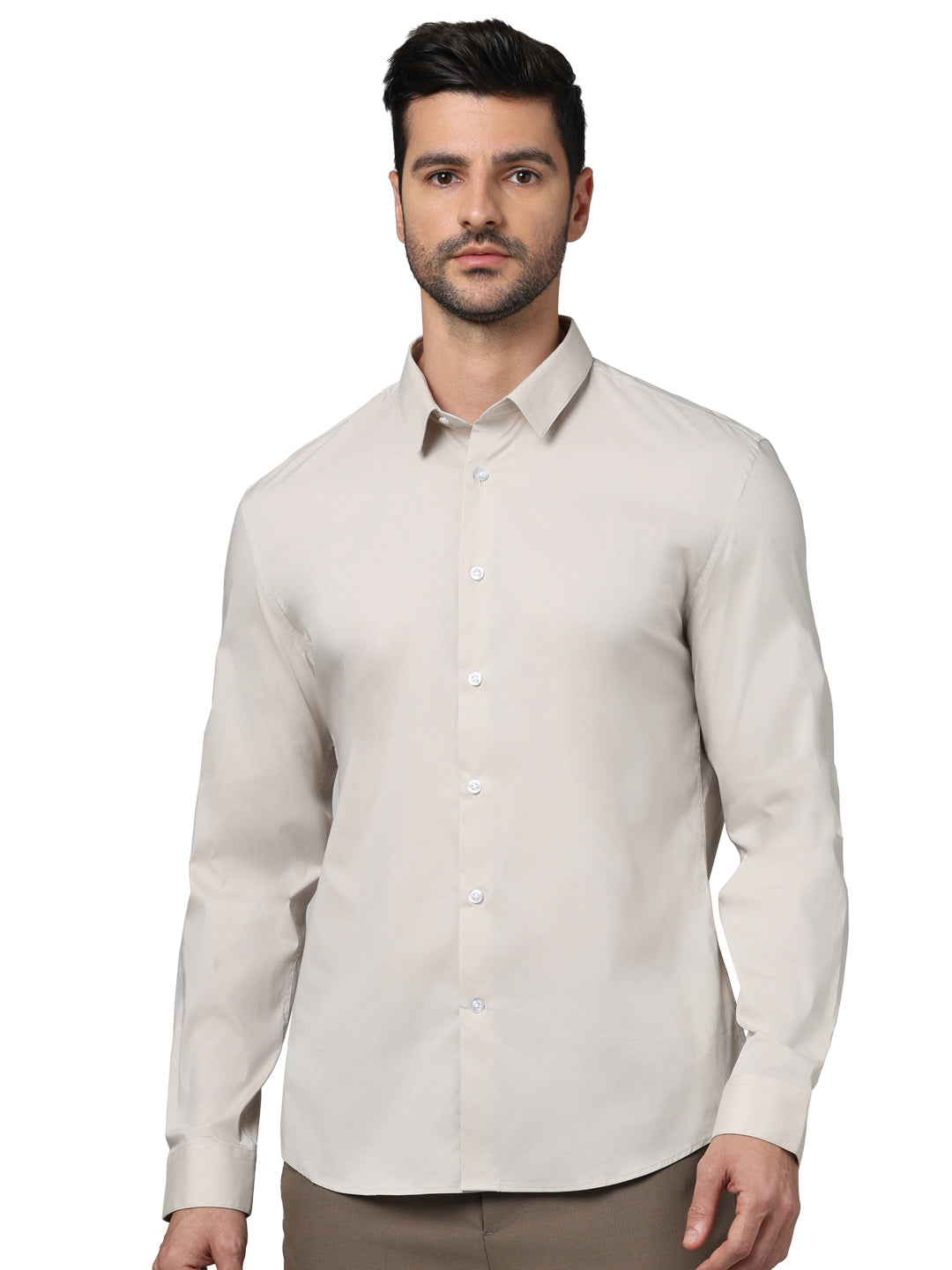 Beige Solid Cotton Shirt