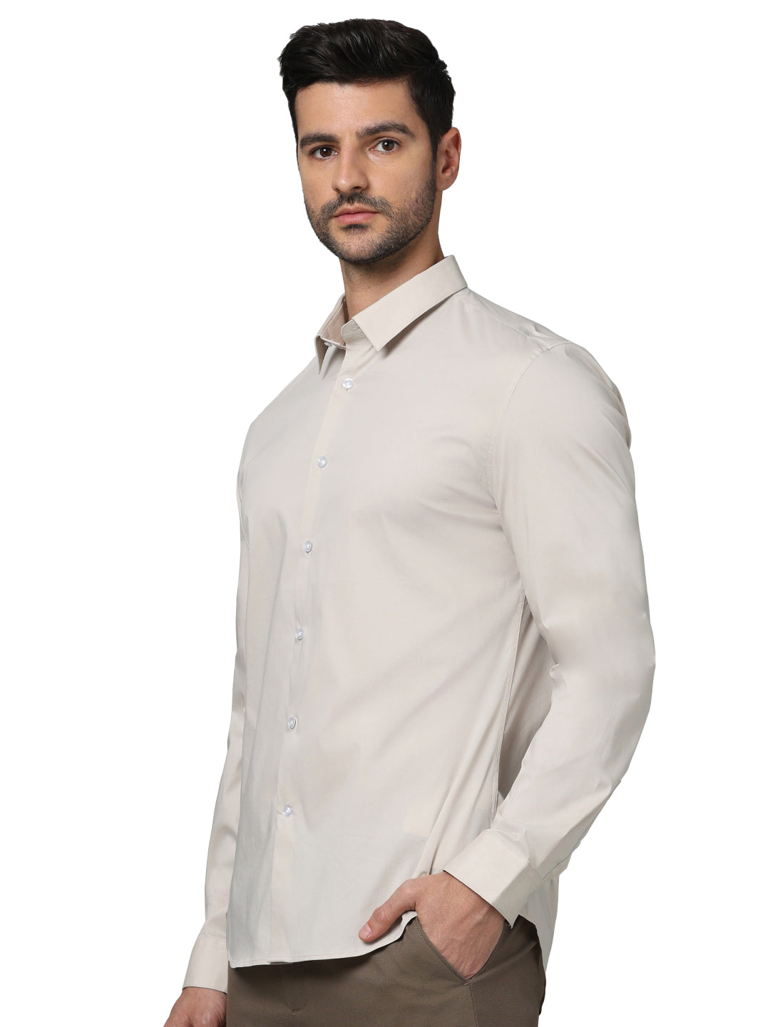 Beige Solid Cotton Shirt