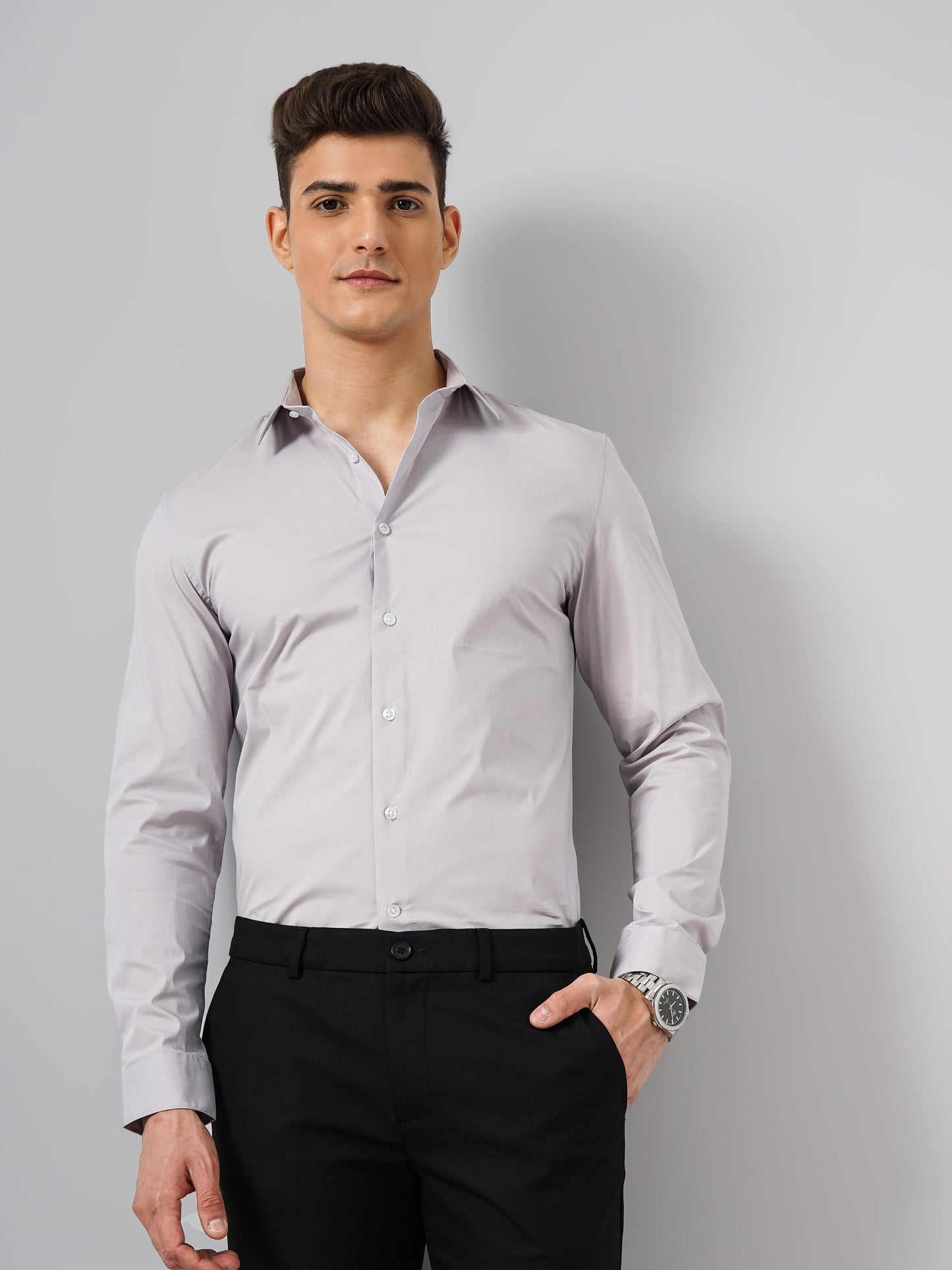 Grey Solid Cotton Shirt