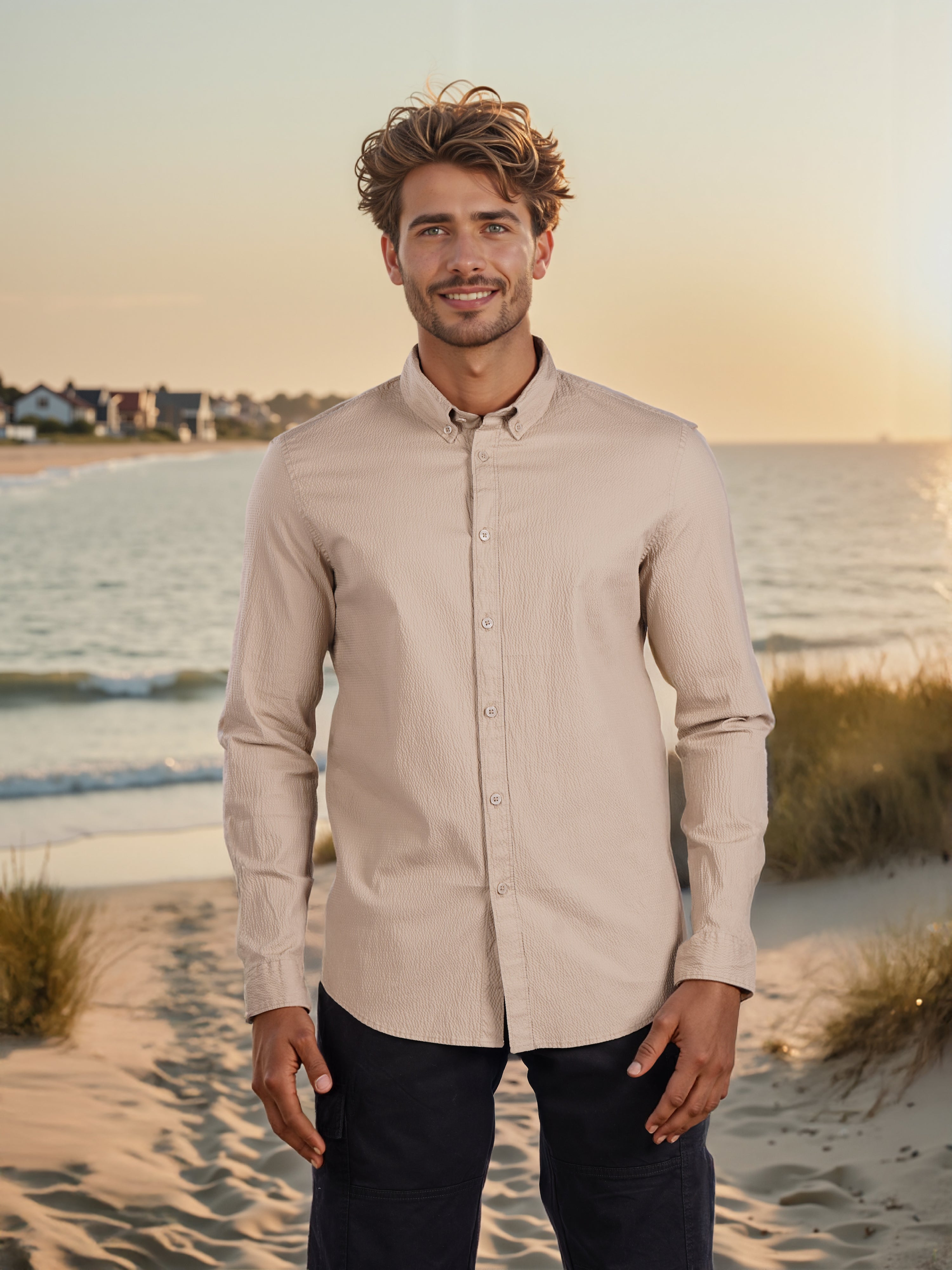 Celio* Men Beige Solid Regular Fit Cotton Linen Shirt