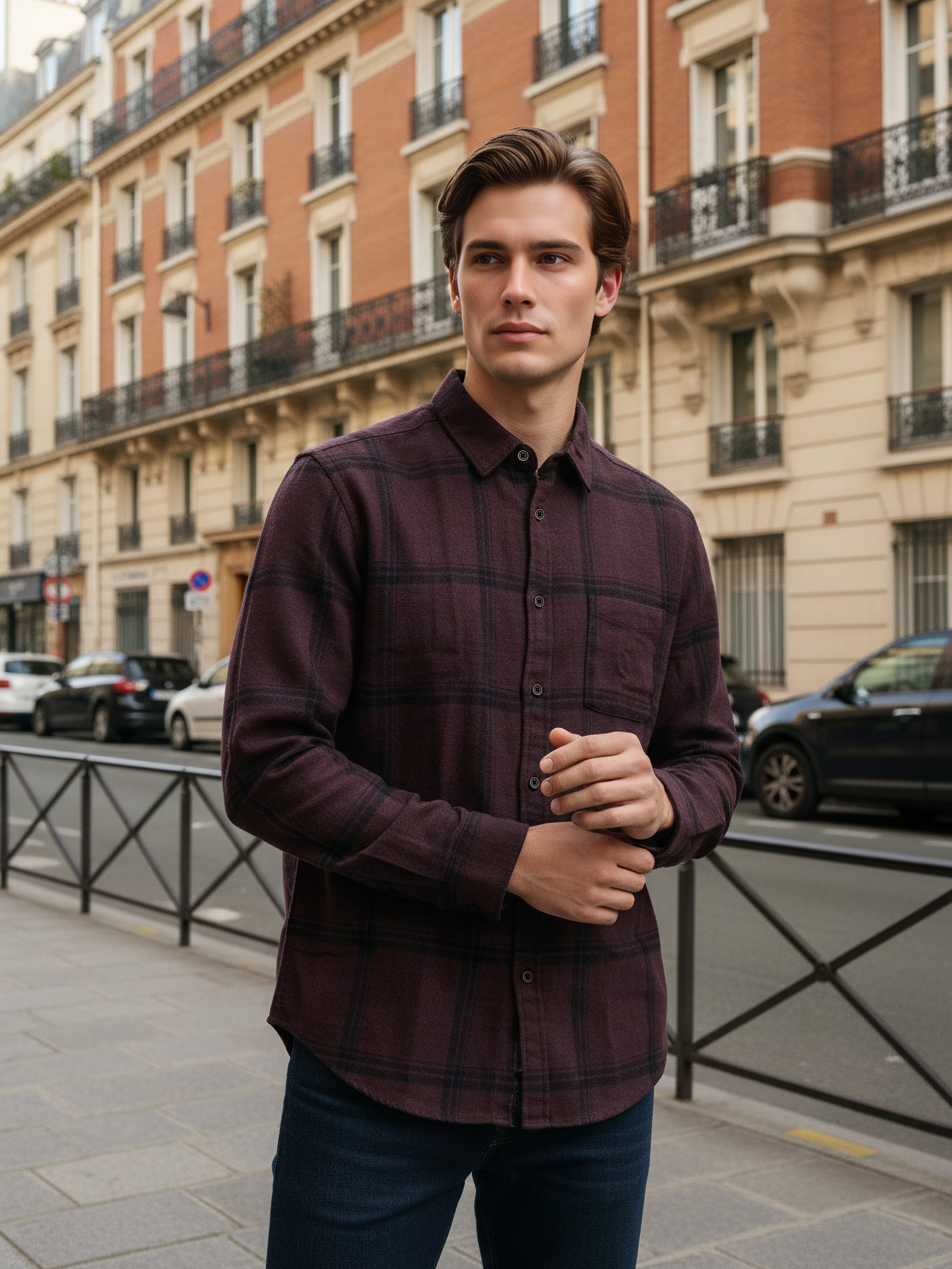 Celio Men Burgundy Checked Regular Fit Cotton Shirts