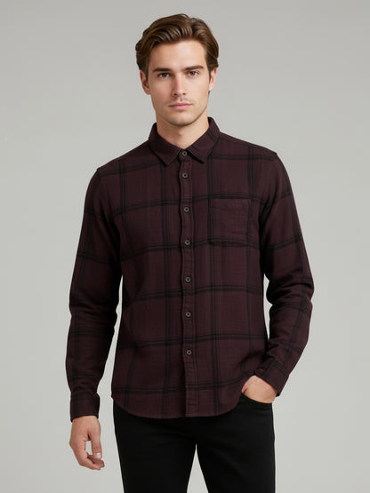Celio Men Burgundy Checked Regular Fit Cotton Shirts