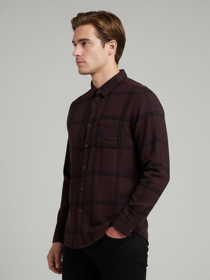 Celio Men Burgundy Checked Regular Fit Cotton Shirts