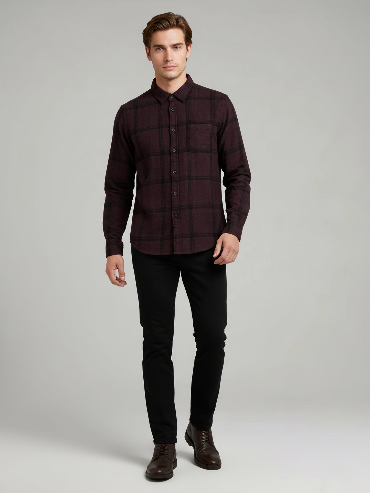 Celio Men Burgundy Checked Regular Fit Cotton Shirts