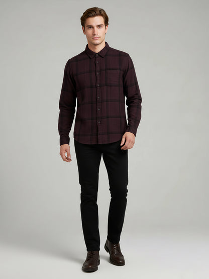 Celio Men Burgundy Checked Regular Fit Cotton Shirts