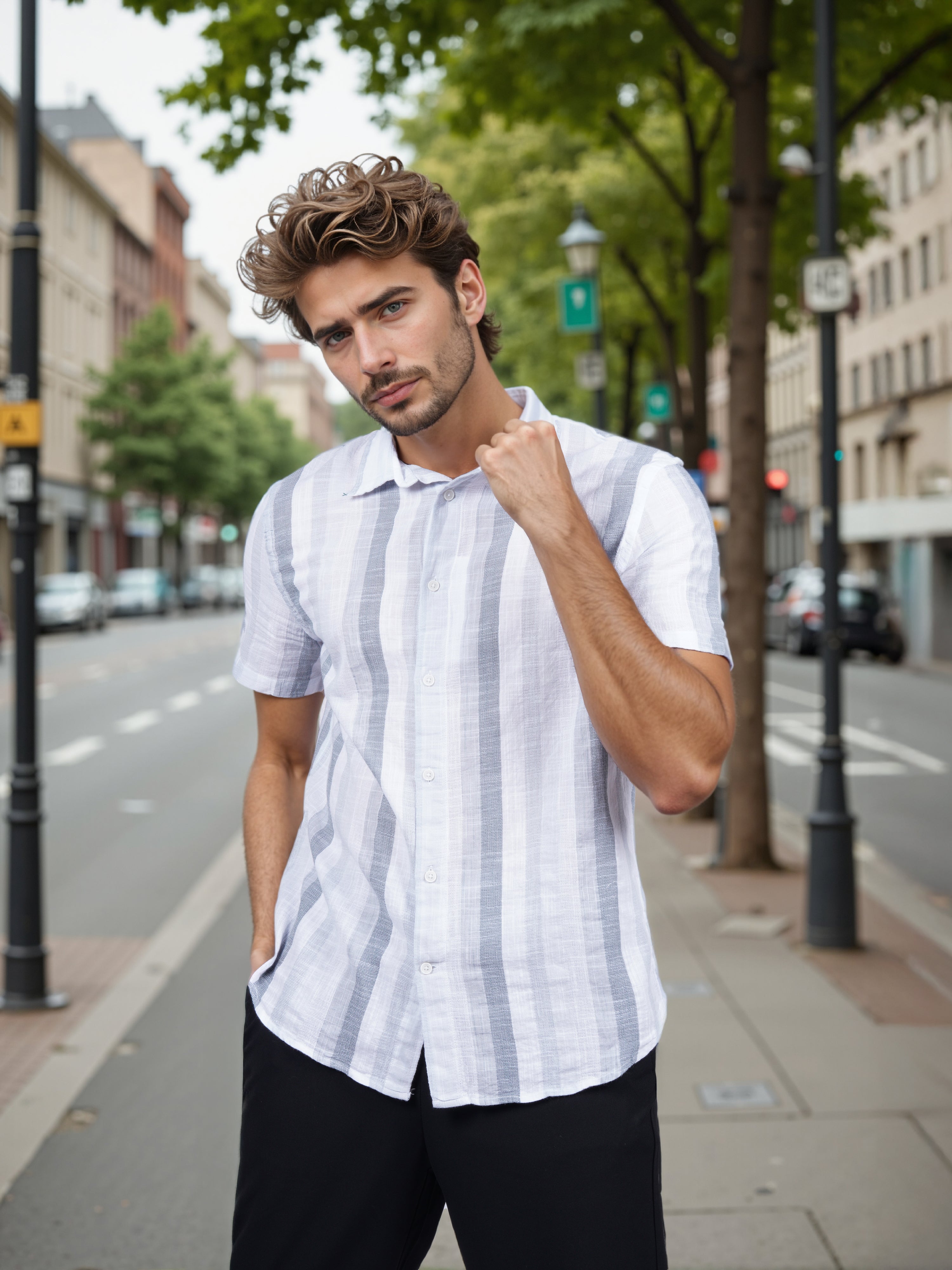 Celio* Men Grey Striped Regular Fit Cotton Shirt