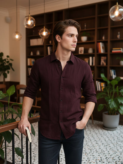 *Celio Men Burgundy Solid Regular Fit Cotton Shirts