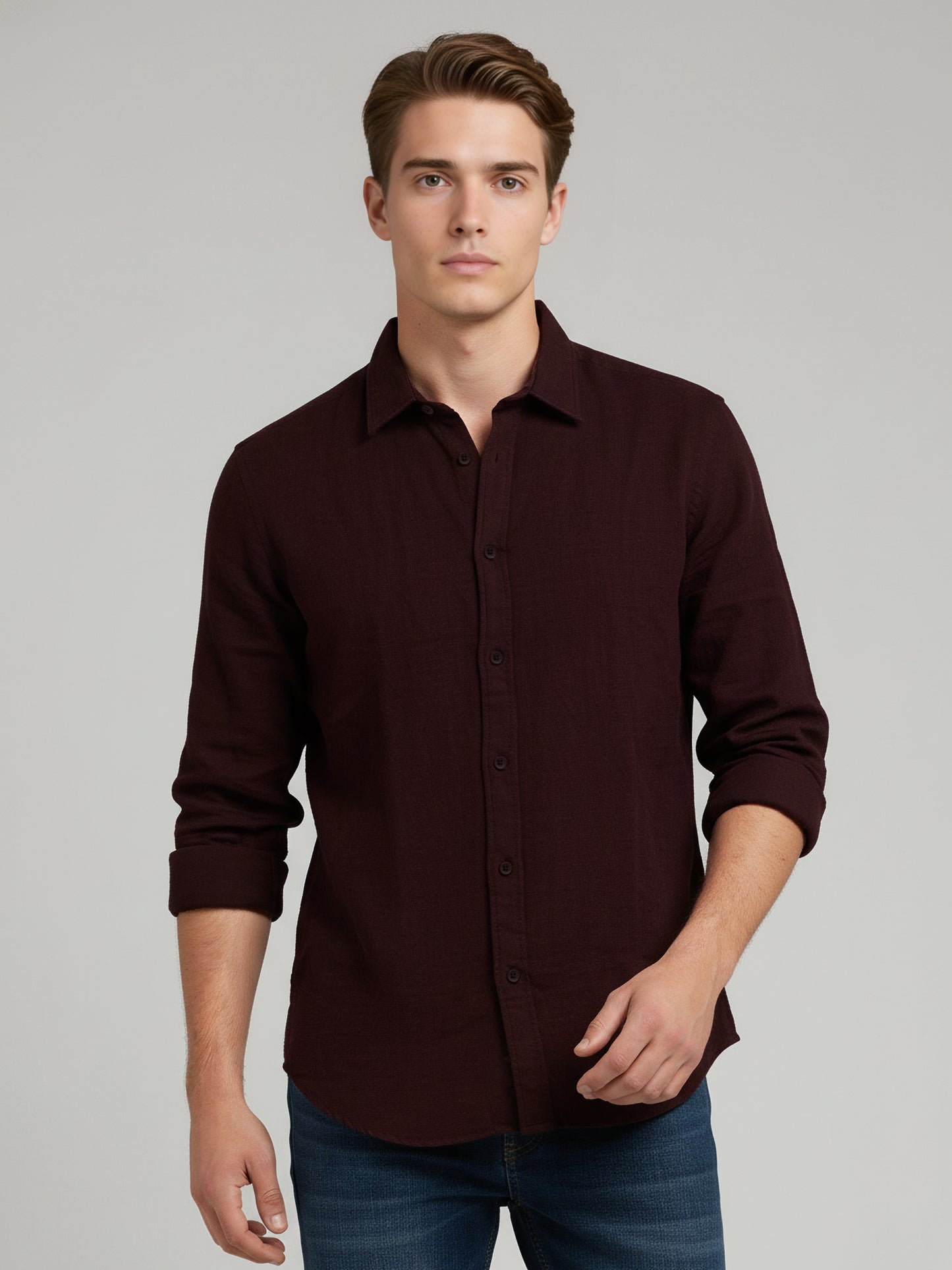 *Celio Men Burgundy Solid Regular Fit Cotton Shirts