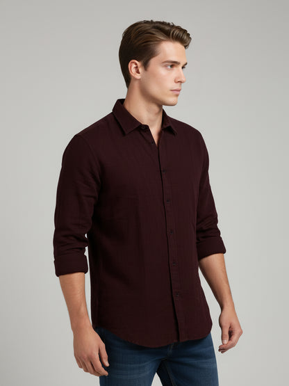 *Celio Men Burgundy Solid Regular Fit Cotton Shirts