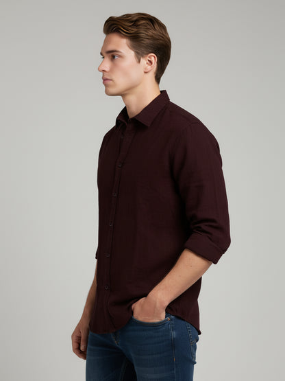 *Celio Men Burgundy Solid Regular Fit Cotton Shirts
