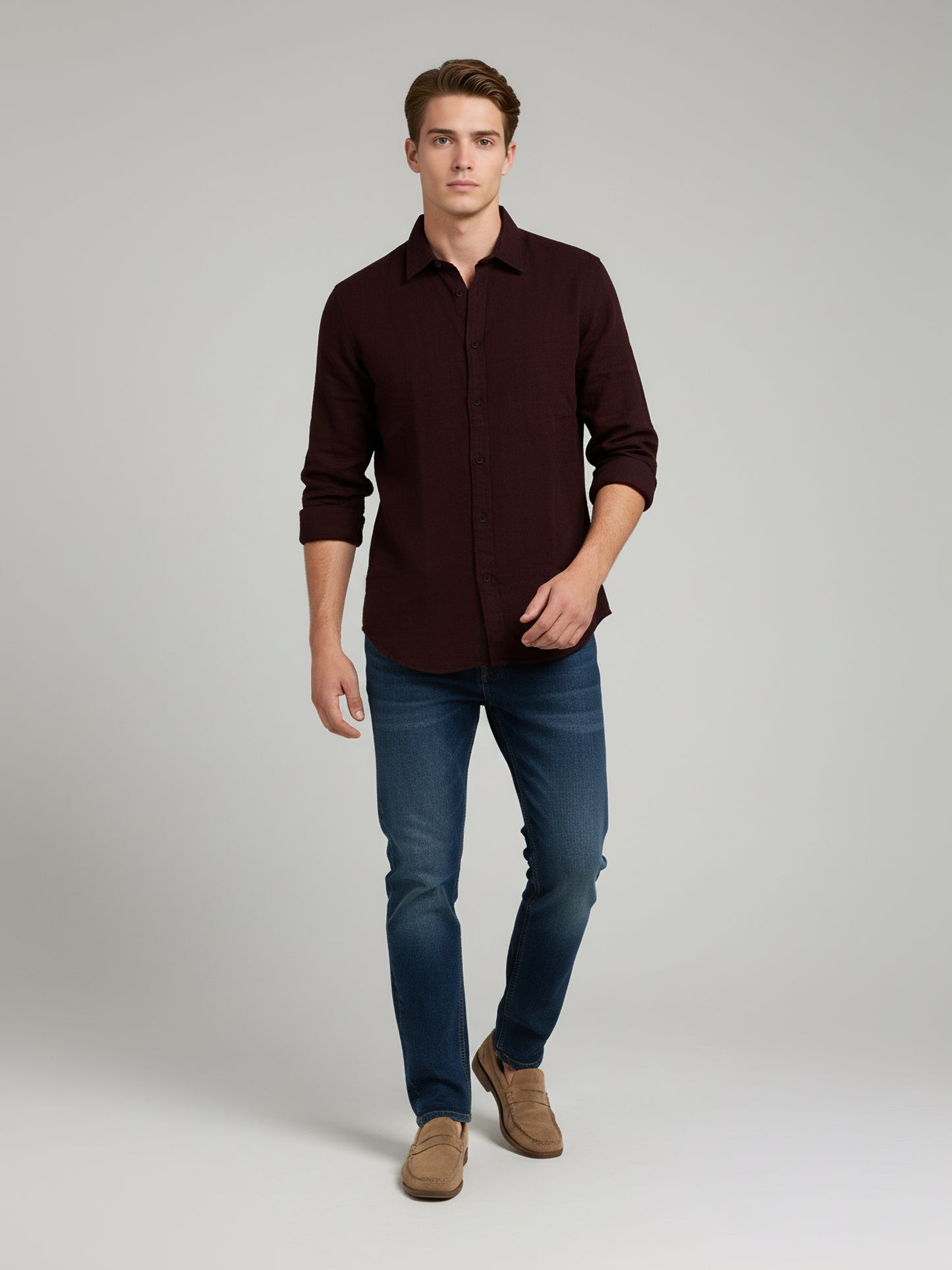 *Celio Men Burgundy Solid Regular Fit Cotton Shirts