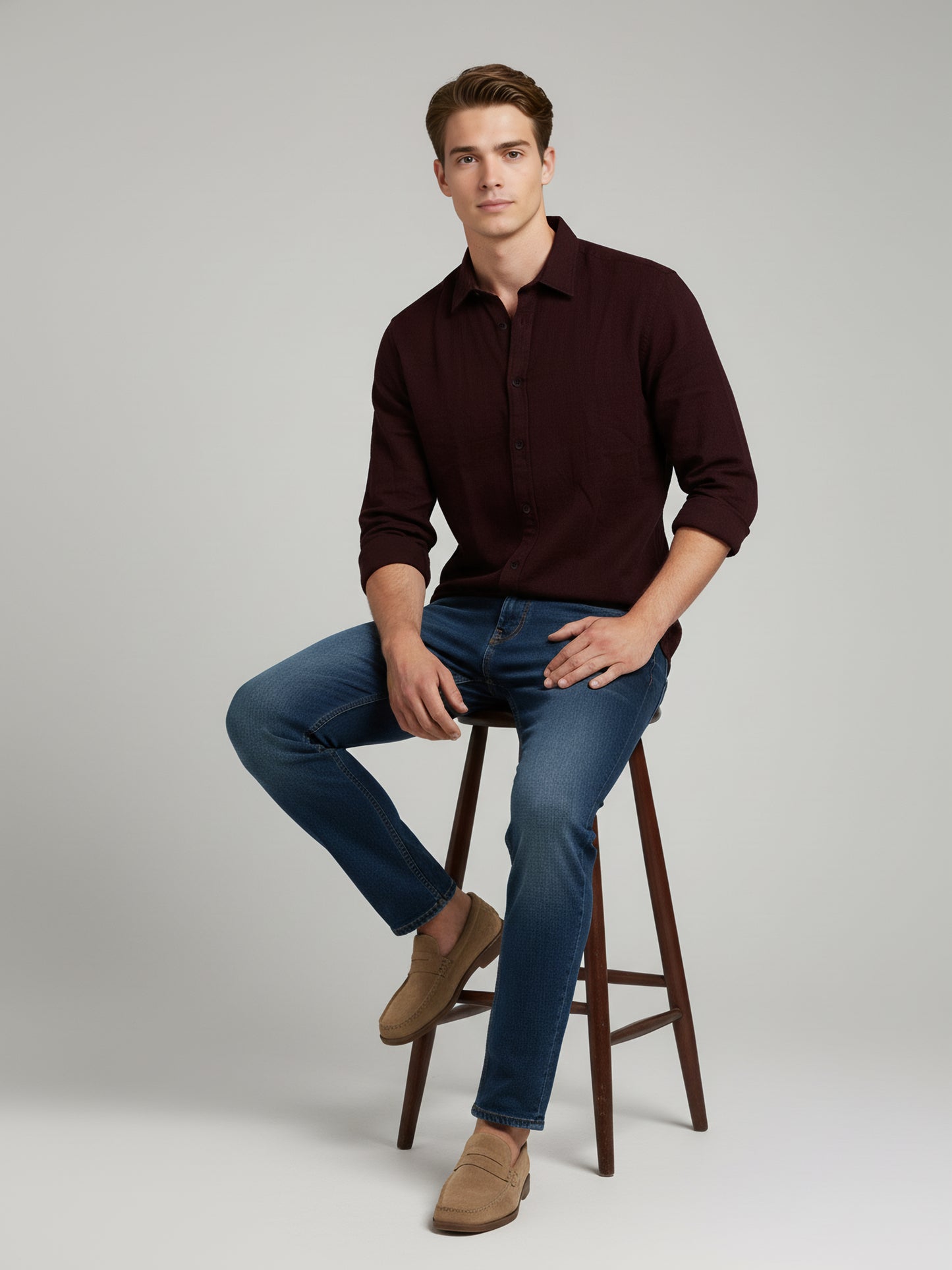 *Celio Men Burgundy Solid Regular Fit Cotton Shirts