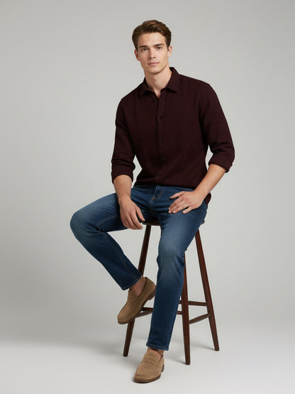 *Celio Men Burgundy Solid Regular Fit Cotton Shirts