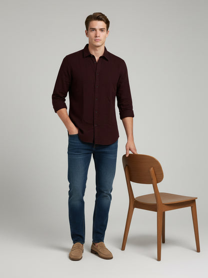 *Celio Men Burgundy Solid Regular Fit Cotton Shirts