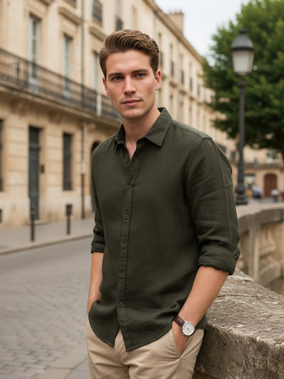 Celio Men Olive Solid Regular Fit Cotton Shirts