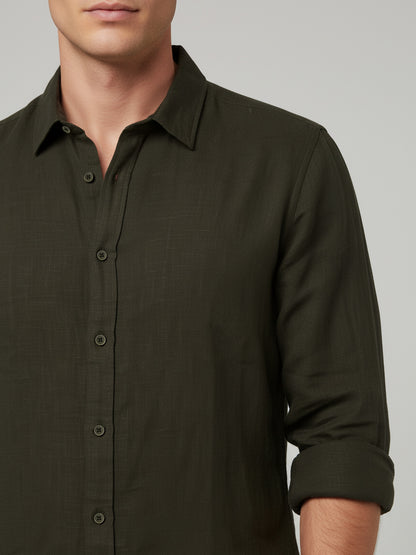 *Celio Men Olive Solid Regular Fit Cotton Shirts