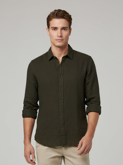 *Celio Men Olive Solid Regular Fit Cotton Shirts