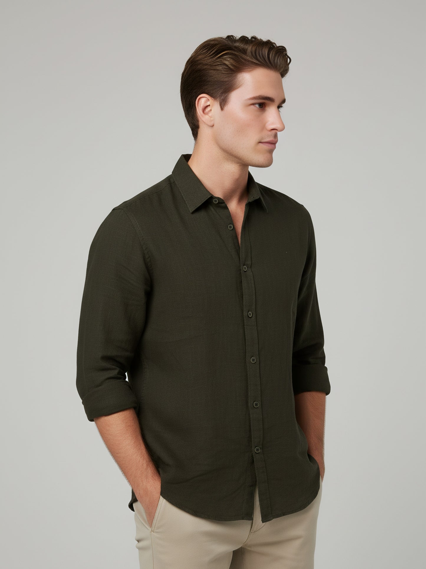 *Celio Men Olive Solid Regular Fit Cotton Shirts