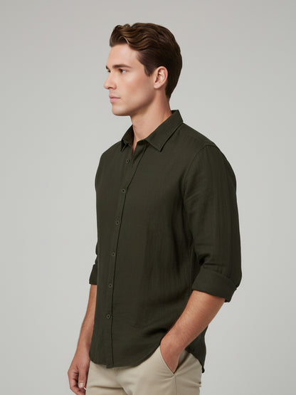 *Celio Men Olive Solid Regular Fit Cotton Shirts