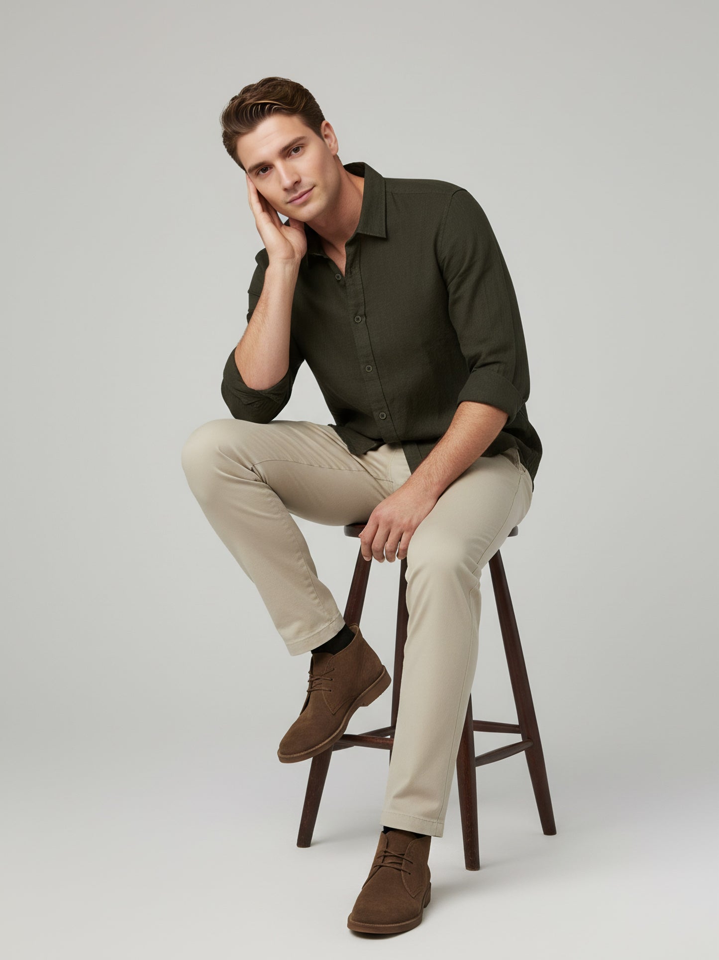 *Celio Men Olive Solid Regular Fit Cotton Shirts