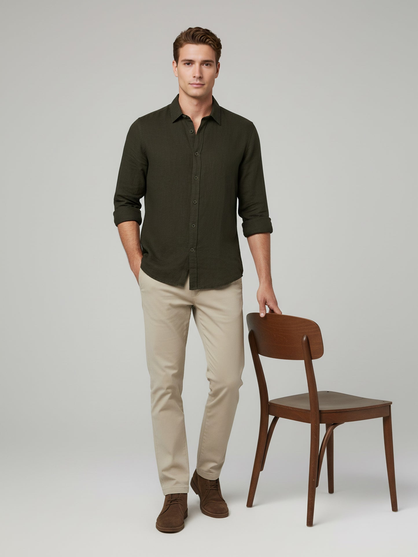 *Celio Men Olive Solid Regular Fit Cotton Shirts
