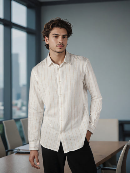 Celio* Men Off White Striped Regular Fit Cotton Shirts