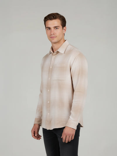 Celio* Men Beige Checked Relaxed Fit Cotton Shirts