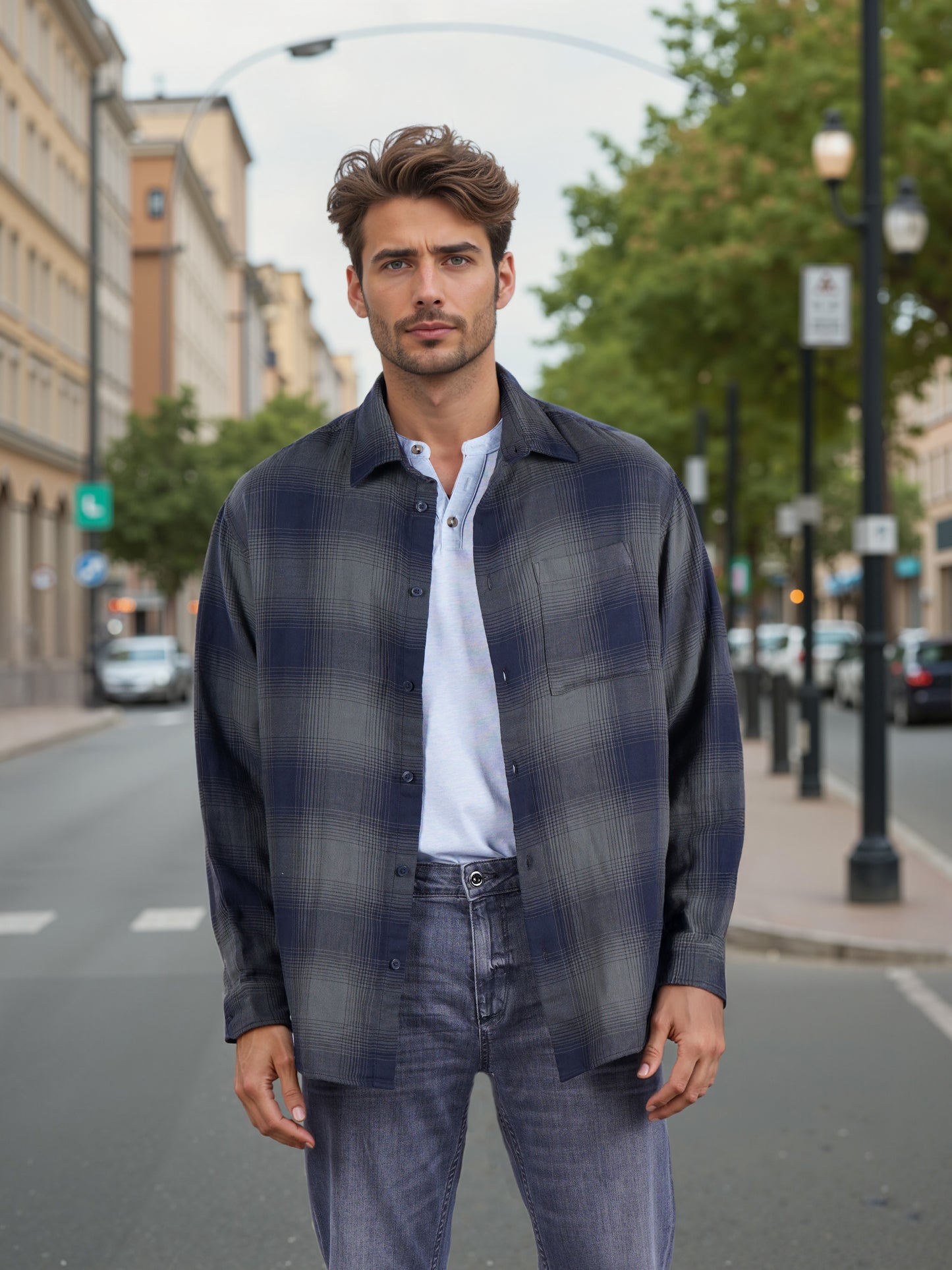 Celio* Men Blue Checked Relaxed Fit Cotton Shirt