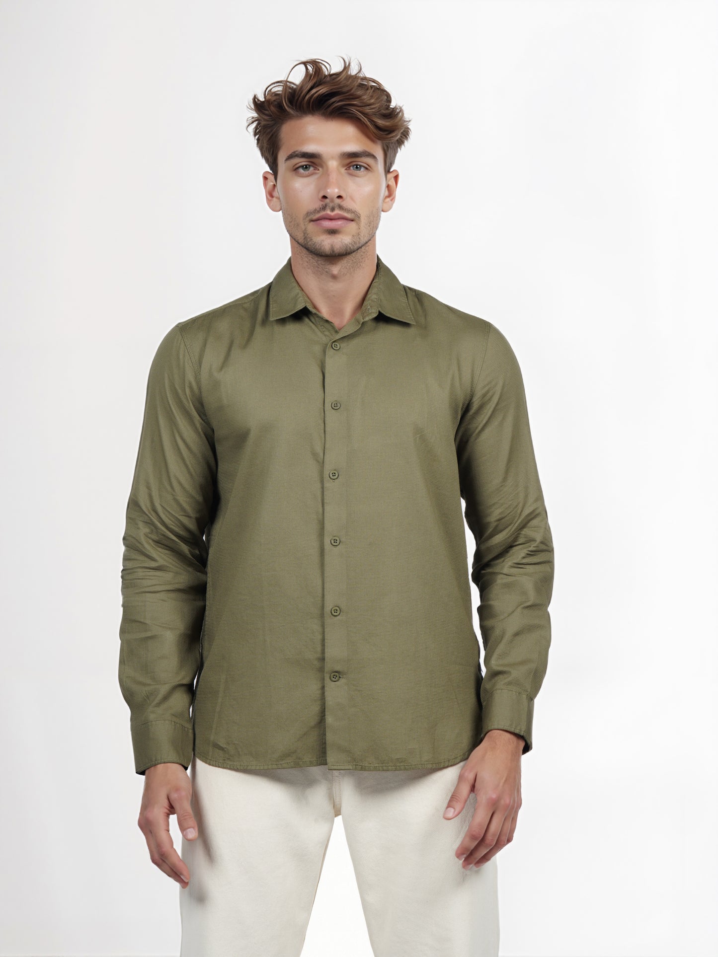 Celio* Men Olive Solid Regular Fit Cotton Shirt
