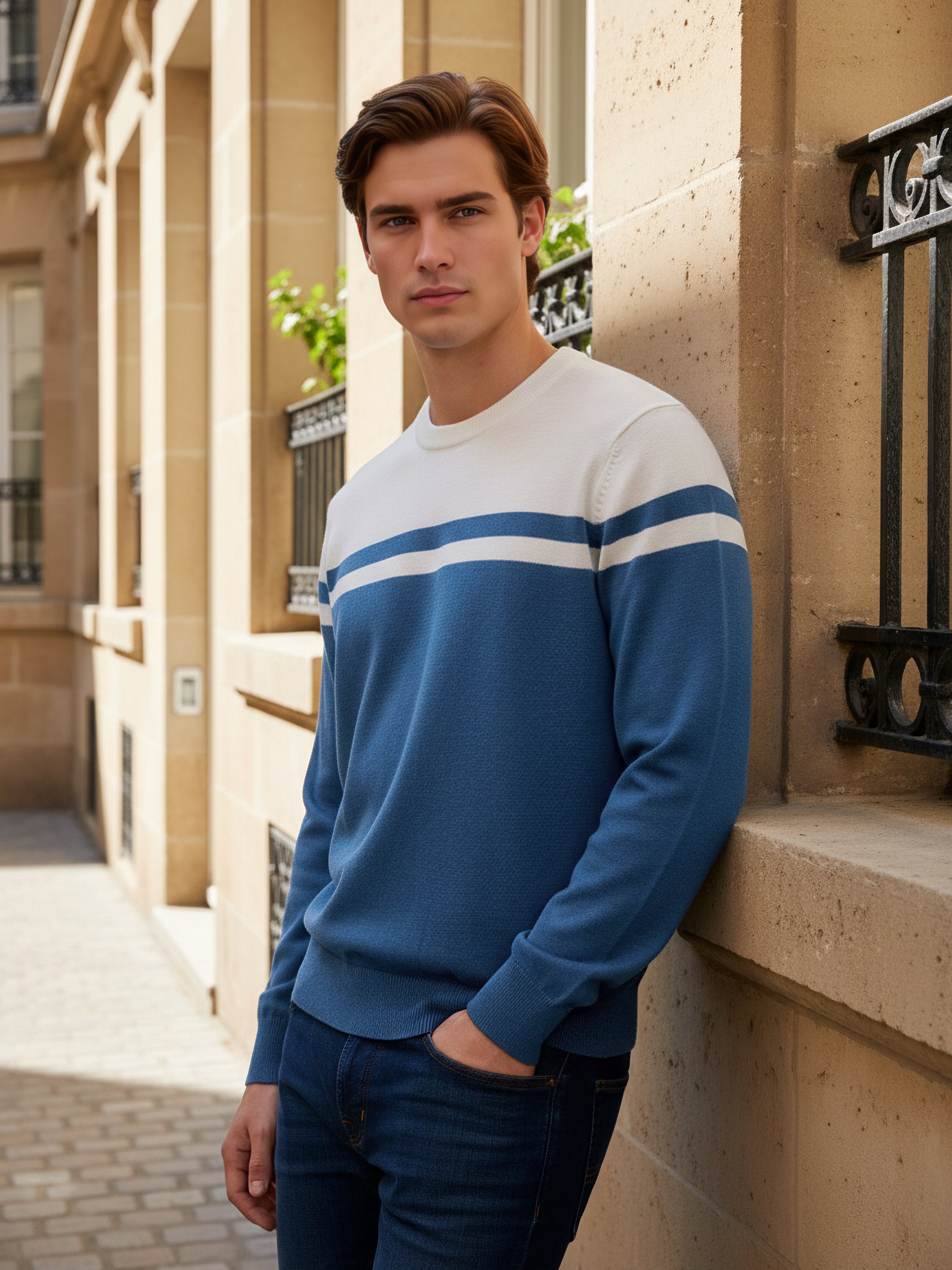 Celio Men Blue Colourblocked Regular Fit Cotton Sweaters