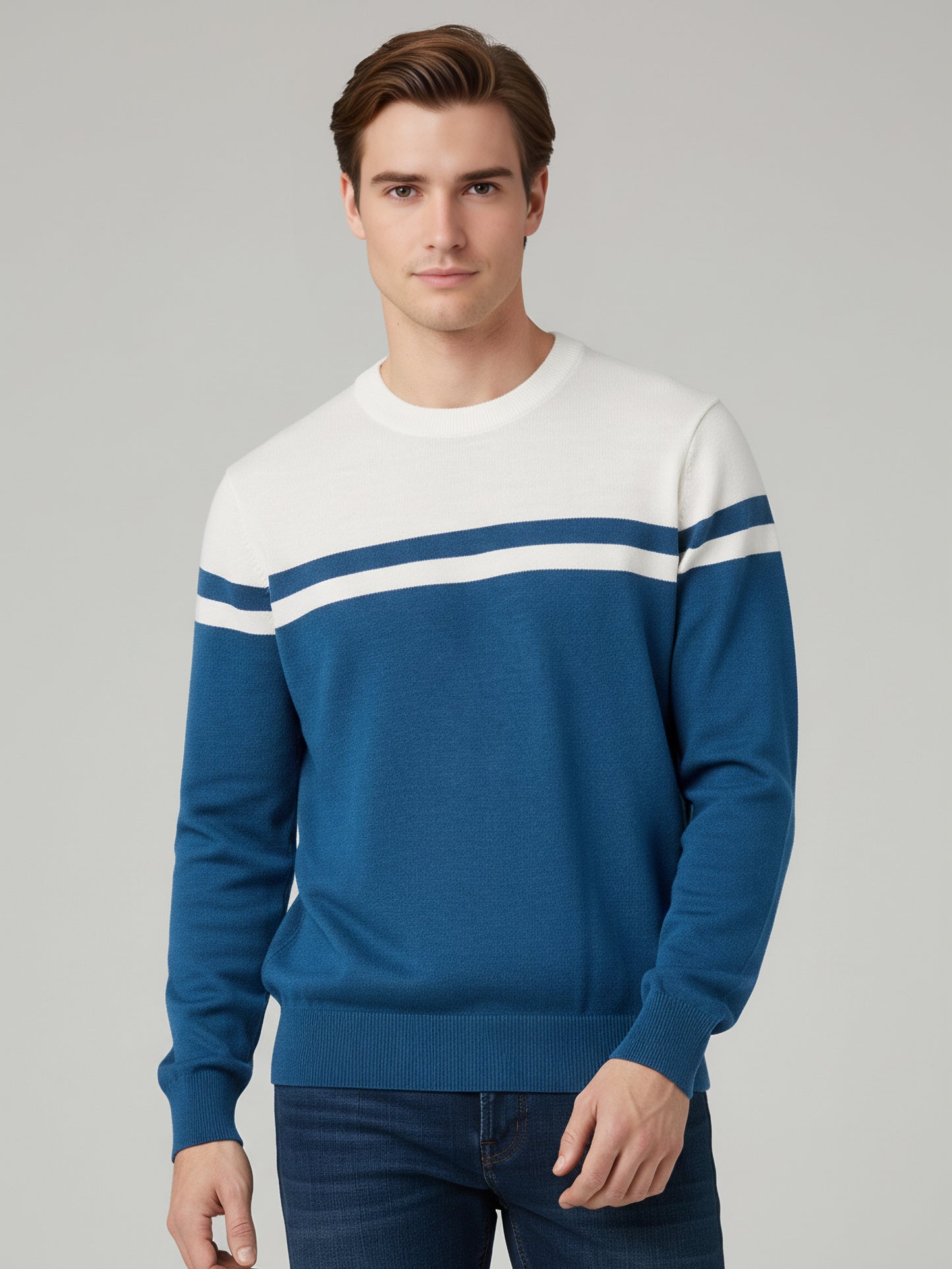 Celio Men Blue Colourblocked Regular Fit Cotton Sweaters