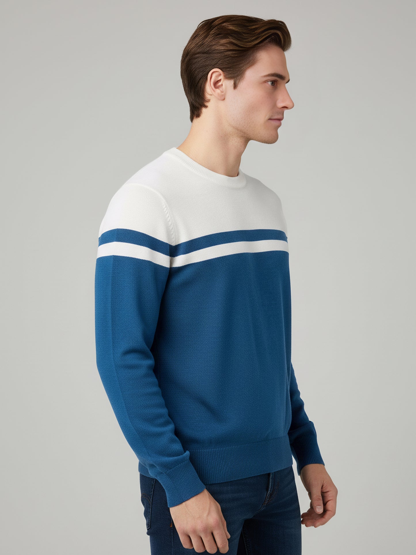 Celio Men Blue Colourblocked Regular Fit Cotton Sweaters