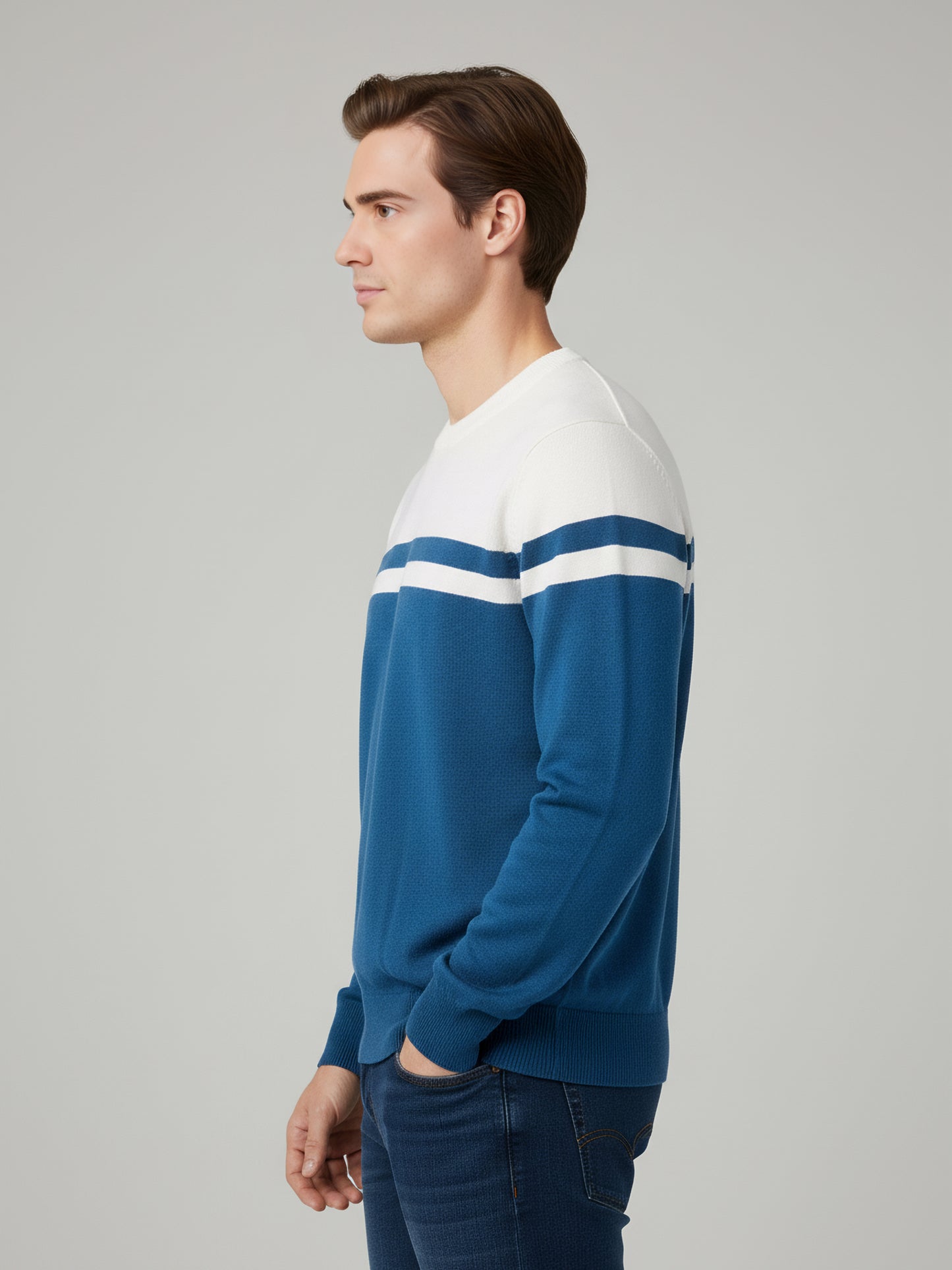 Celio Men Blue Colourblocked Regular Fit Cotton Sweaters