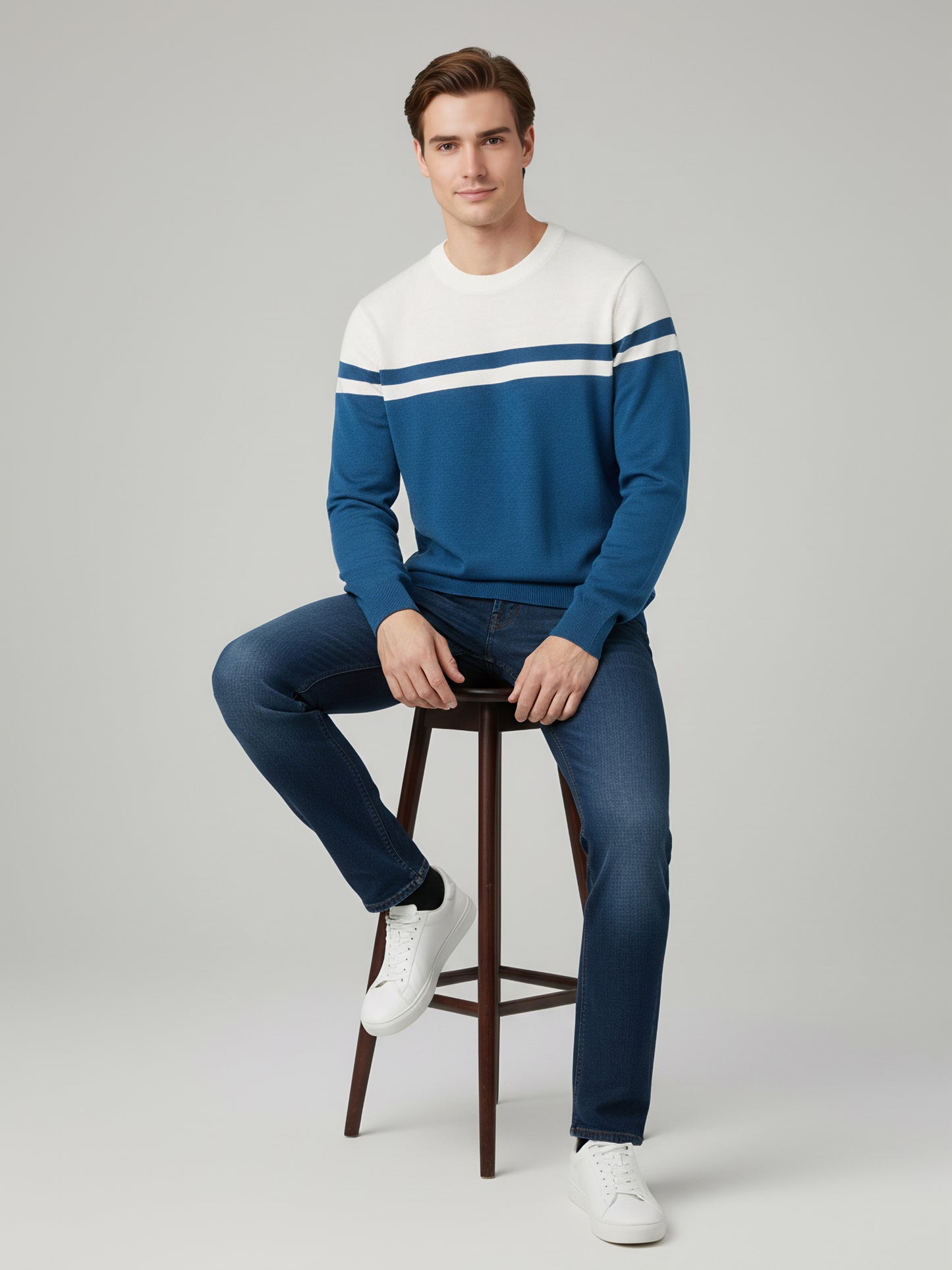 Celio Men Blue Colourblocked Regular Fit Cotton Sweaters