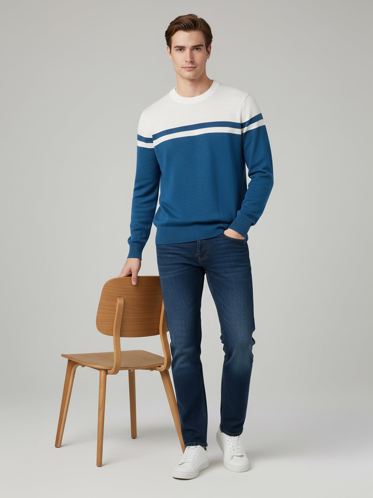 Celio Men Blue Colourblocked Regular Fit Cotton Sweaters