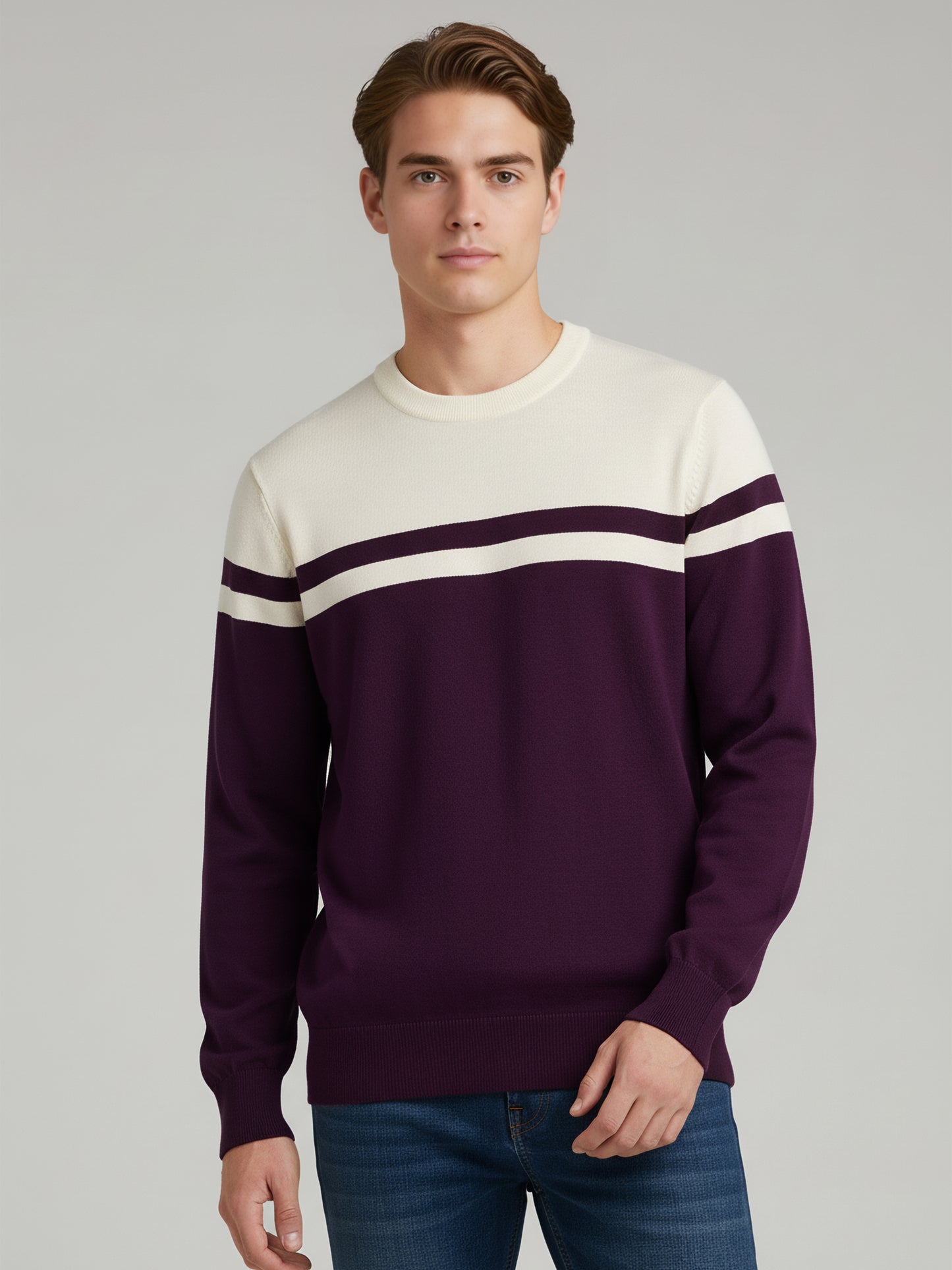 Celio Men Purple Colourblocked Regular Fit Cotton Sweaters